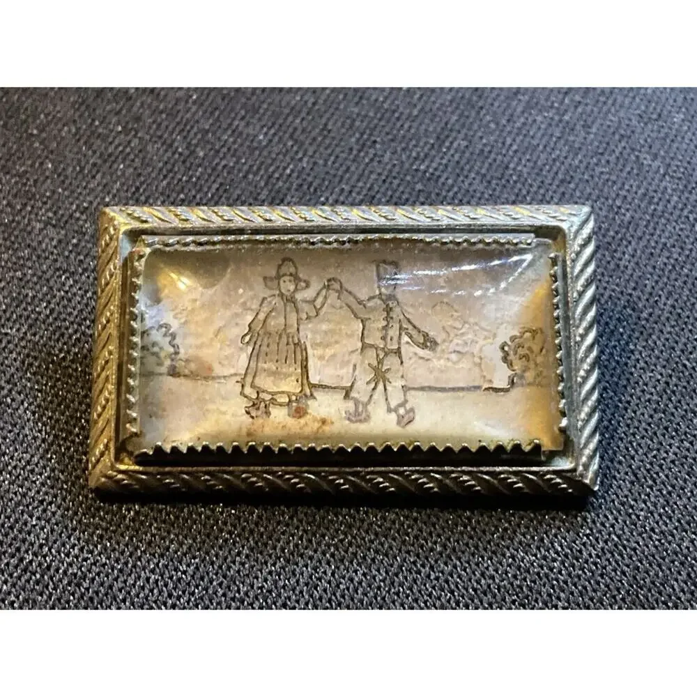 Antique Scrimshaw Hand Painted Figurines On Landscape W/ C Clasp